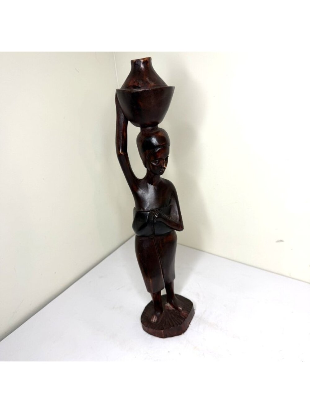 African Woman Wood Carved Sculpture Carrying Water and Baby Decorative Figurine